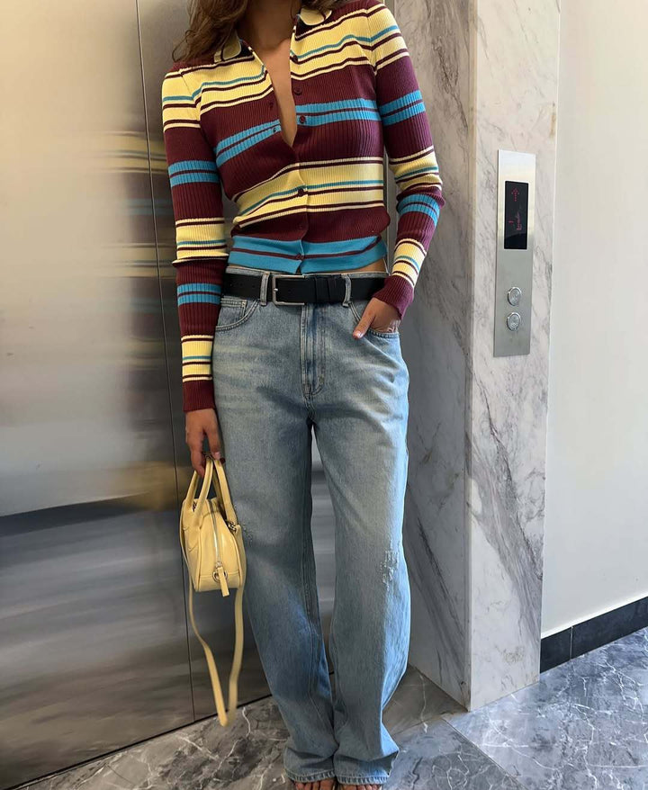 Striped Single-Breasted Knit Cardigan