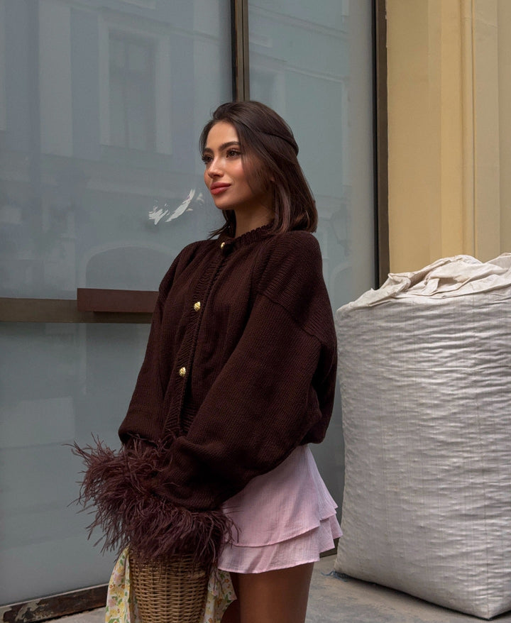 Fur-Cuff Splicing Knit Cardigan