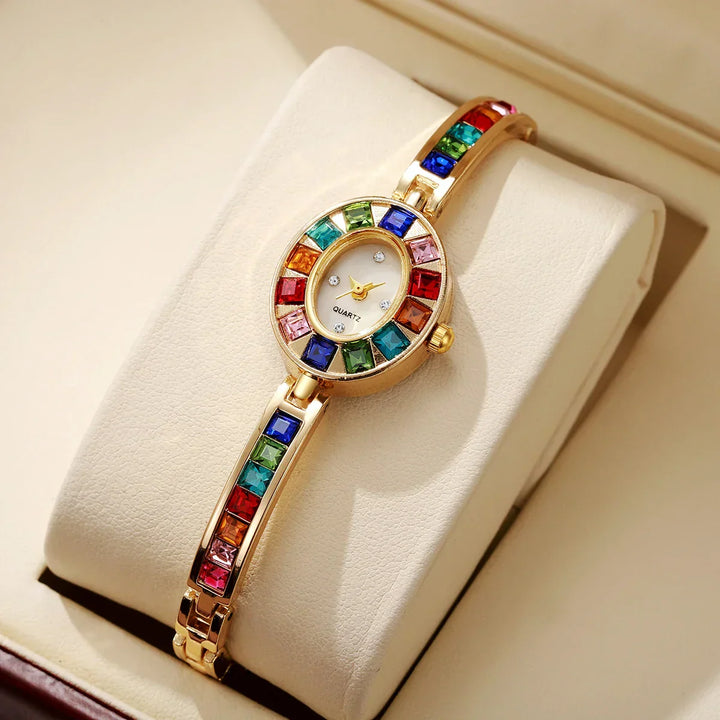 Women's Gold-Tone Crystal Watch – Rainbow Gems, Slim Oval Dial