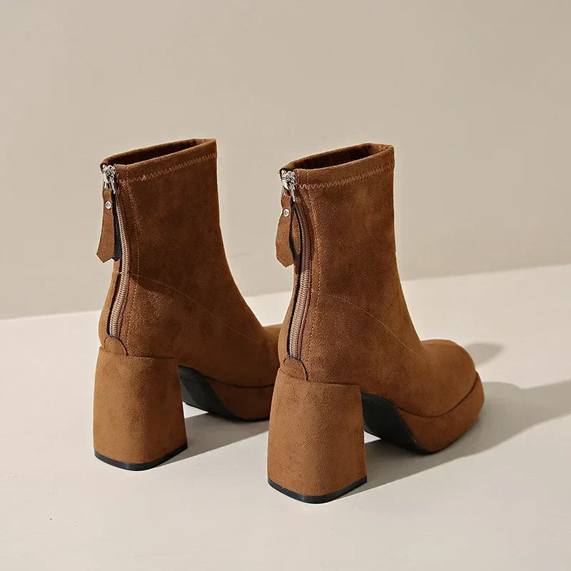 Women's Suede Heeled Ankle Booties – Block Heel, Back Zip