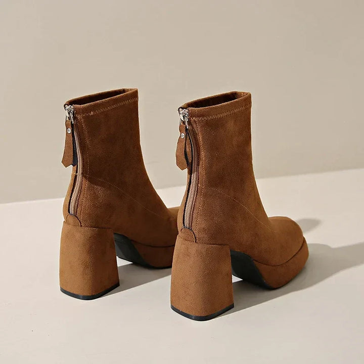 Women's Suede Heeled Ankle Booties – Block Heel, Back Zip