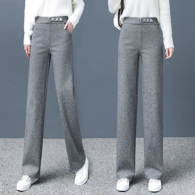 Women's Herringbone Tailored Trousers – High-Waist with Belt – view 3
