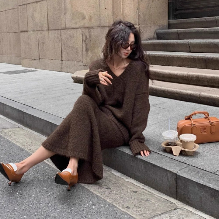 Lazy V-Neck Sweater & Skirt Set