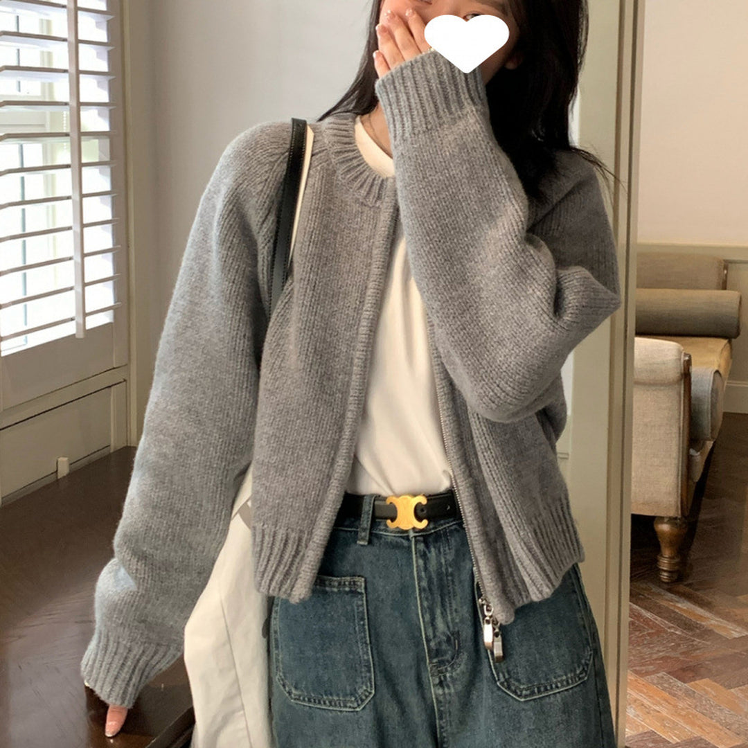 Korean Round-Neck Zip Knit Cardigan