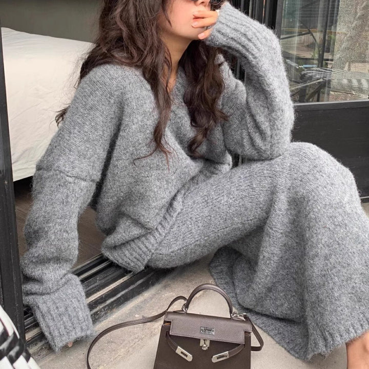 Lazy V-Neck Sweater & Skirt Set
