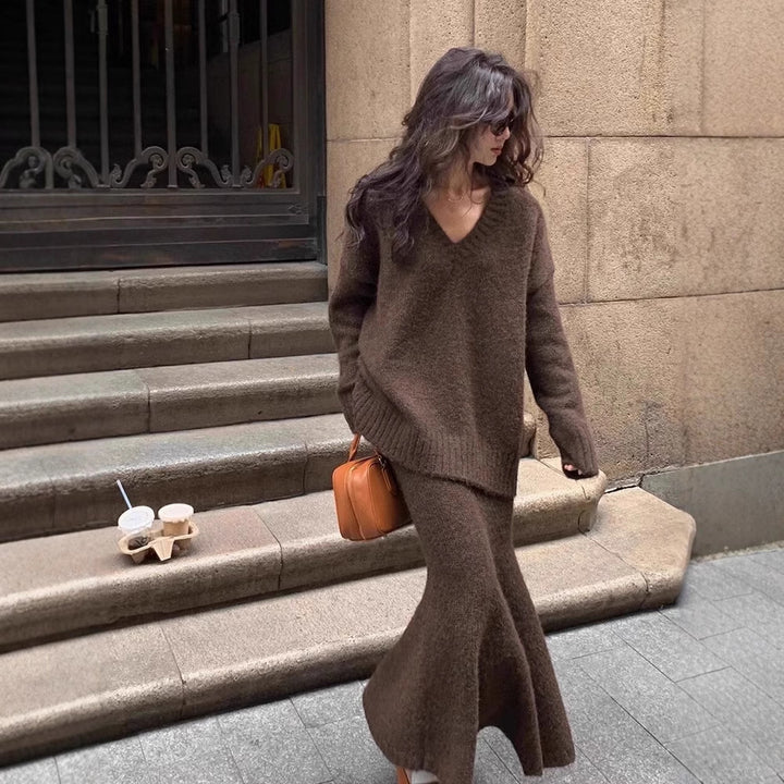 Lazy V-Neck Sweater & Skirt Set