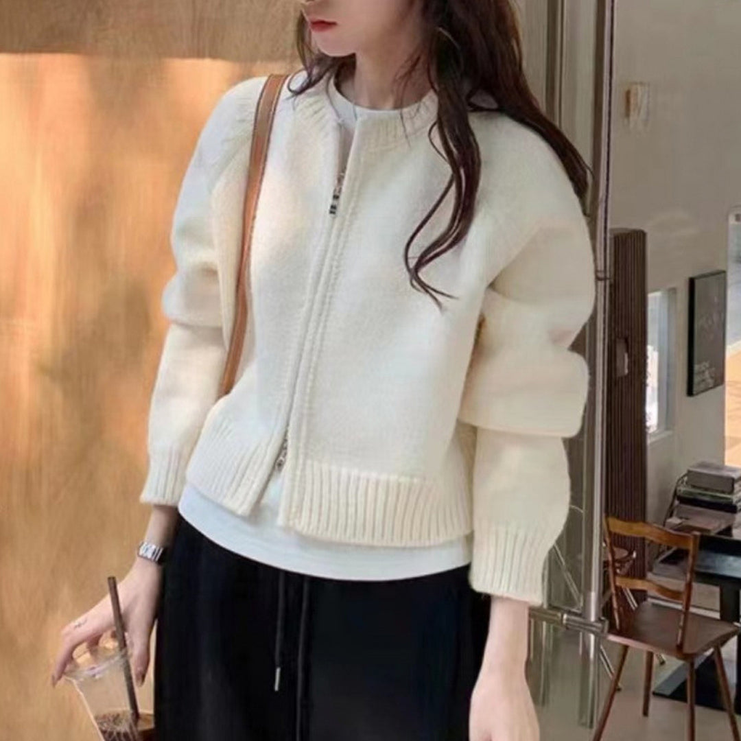 Korean Round-Neck Zip Knit Cardigan
