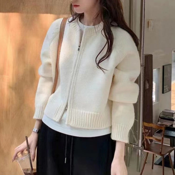 Korean Round-Neck Zip Knit Cardigan