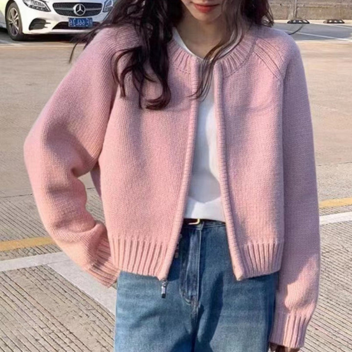 Korean Round-Neck Zip Knit Cardigan
