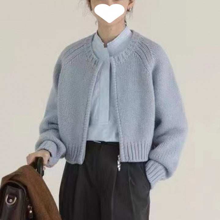 Korean Round-Neck Zip Knit Cardigan