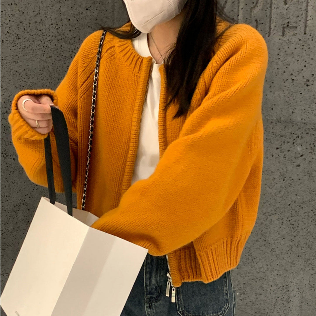 Korean Round-Neck Zip Knit Cardigan