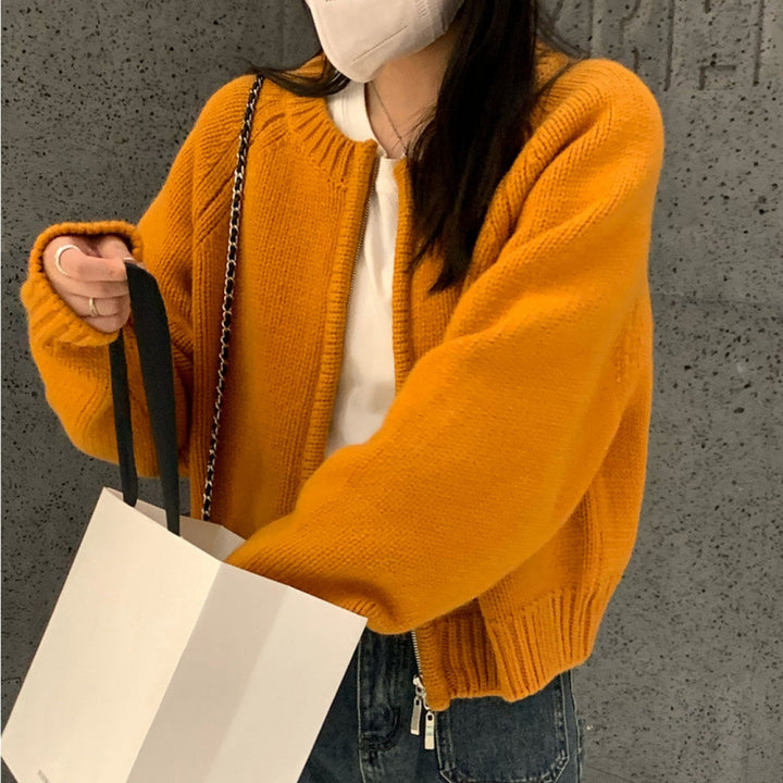 Korean Round-Neck Zip Knit Cardigan