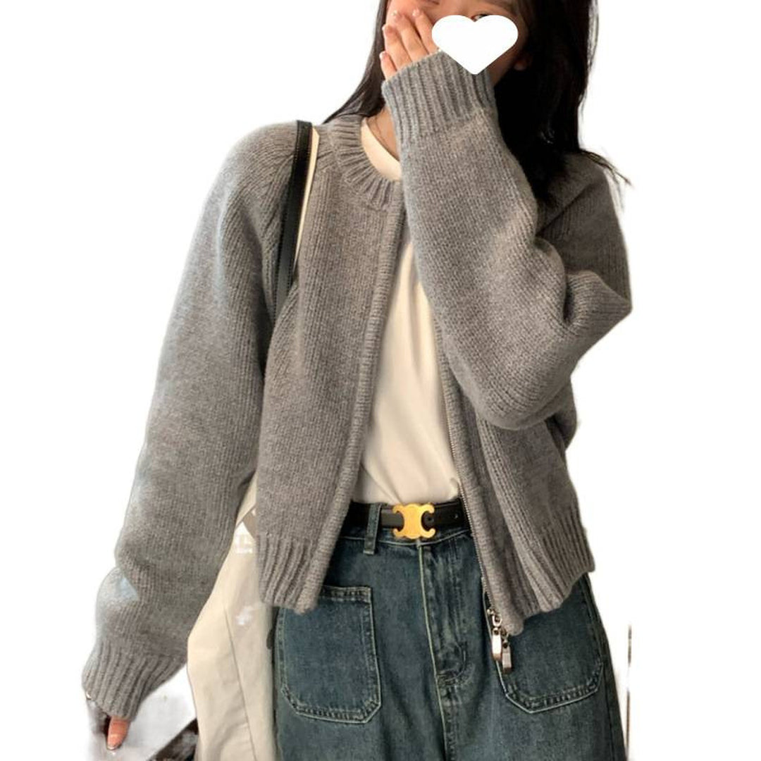 Korean Round-Neck Zip Knit Cardigan