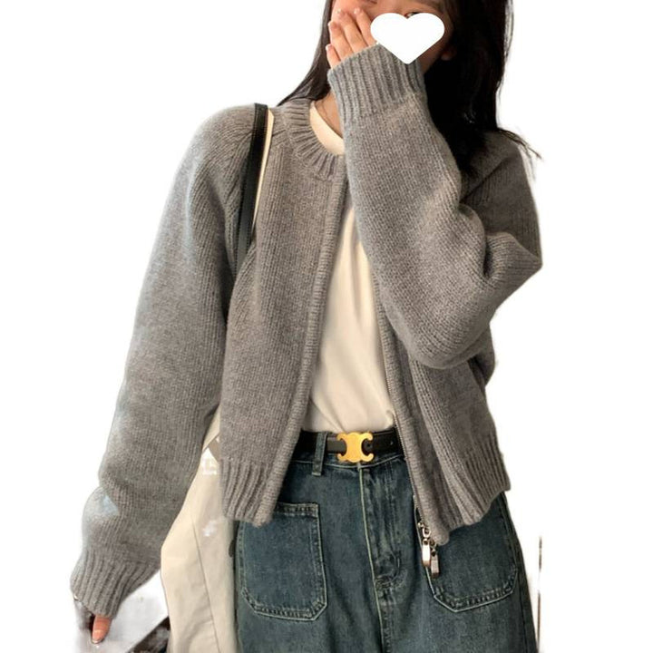 Korean Round-Neck Zip Knit Cardigan