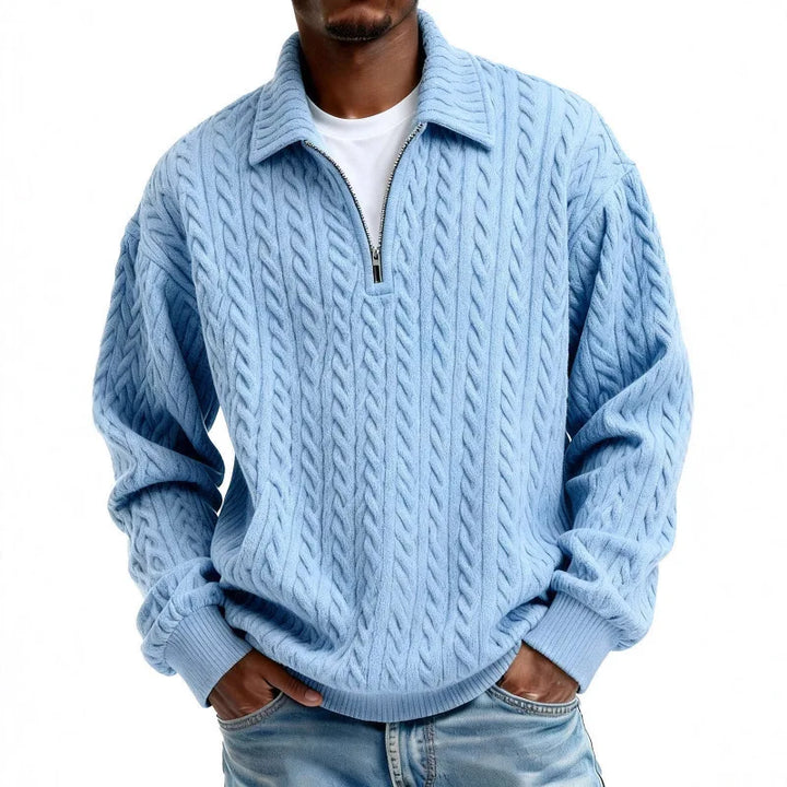 Men's Cable-Knit Quarter-Zip Jumper – Spread Collar Knitwear – Carolina Blue