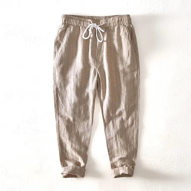 Oslo Men's Striped Linen-Blend Trousers – Relaxed Summer Fit – Khaki
