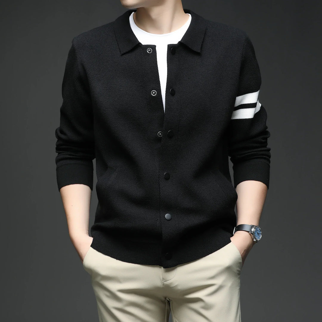 Men's Striped Cotton Knit Cardigan – Collared Button-Through – view 4