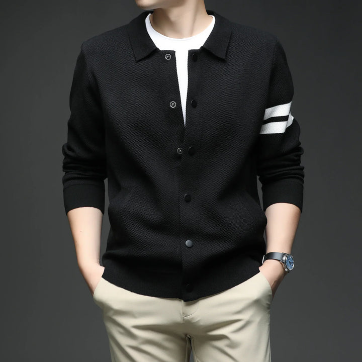 Men's Striped Cotton Knit Cardigan – Collared Button-Through – view 4