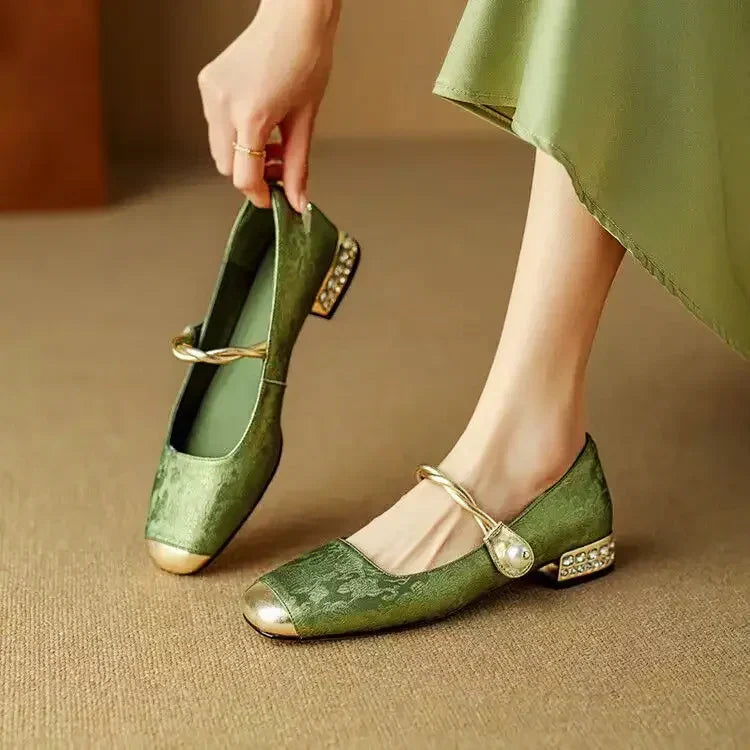 Women's Pearl Strap Pumps – Verona Embellished Low Heel Shoes