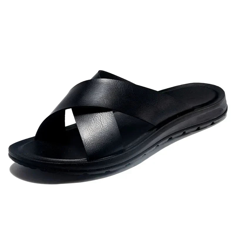 Men's Leather Slide Sandals – Cushioned Ergonomic Footbed