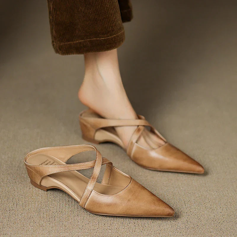 Women's Leather Cross-Strap Mules – Pointed Toe Low Heel – view 11