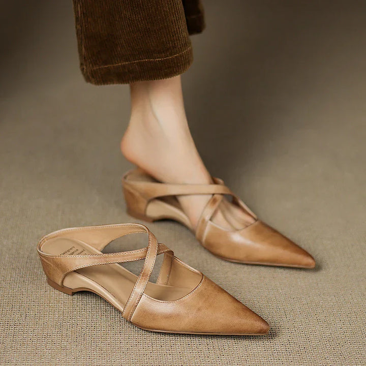 Women's Leather Cross-Strap Mules – Pointed Toe Low Heel – view 11