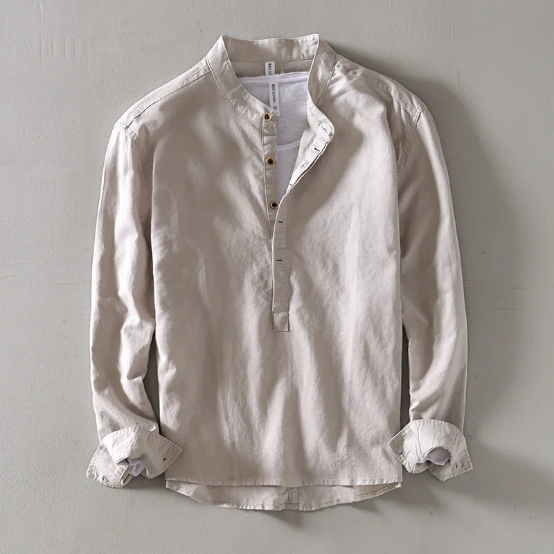 Men's Linen Blend Shirt – Relaxed Long Sleeve Summer Shirt – Khaki