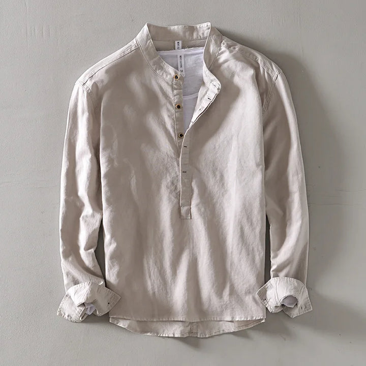 Men's Linen Blend Shirt – Relaxed Long Sleeve Summer Shirt – Khaki