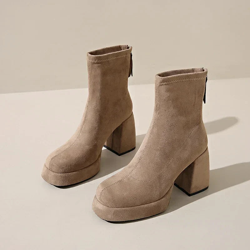 Women's Suede Heeled Ankle Booties – Block Heel, Back Zip