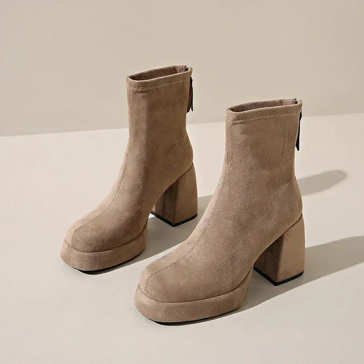 Women's Suede Heeled Ankle Booties – Block Heel, Back Zip