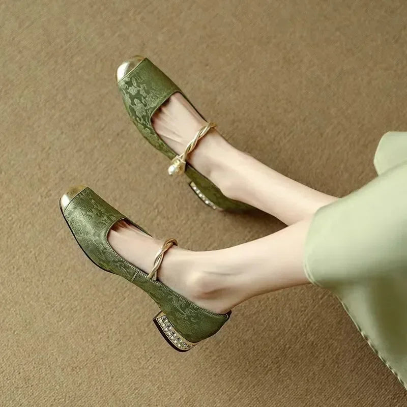 Women's Pearl Strap Pumps – Verona Embellished Low Heel Shoes