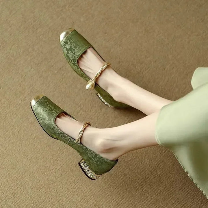 Women's Pearl Strap Pumps – Verona Embellished Low Heel Shoes