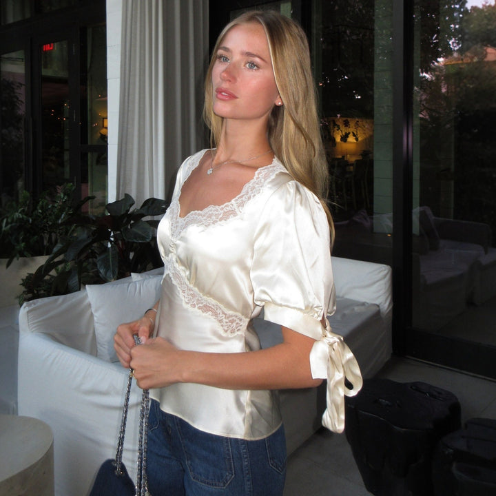 V-Neck Lace Satin Slim Short-Sleeve Top