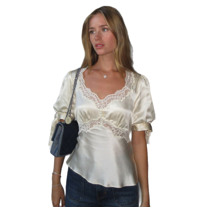 V-Neck Lace Satin Slim Short-Sleeve Top