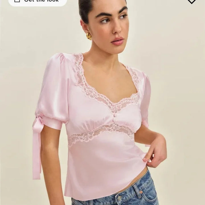 V-Neck Lace Satin Slim Short-Sleeve Top
