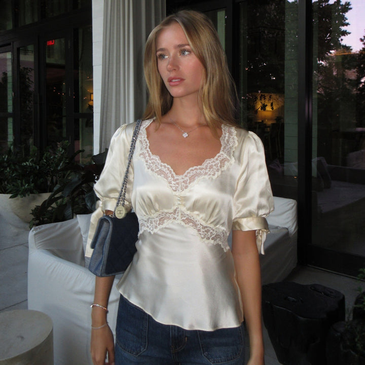 V-Neck Lace Satin Slim Short-Sleeve Top