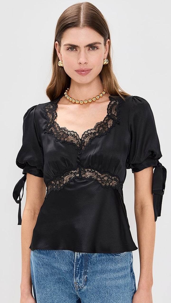 V-Neck Lace Satin Slim Short-Sleeve Top