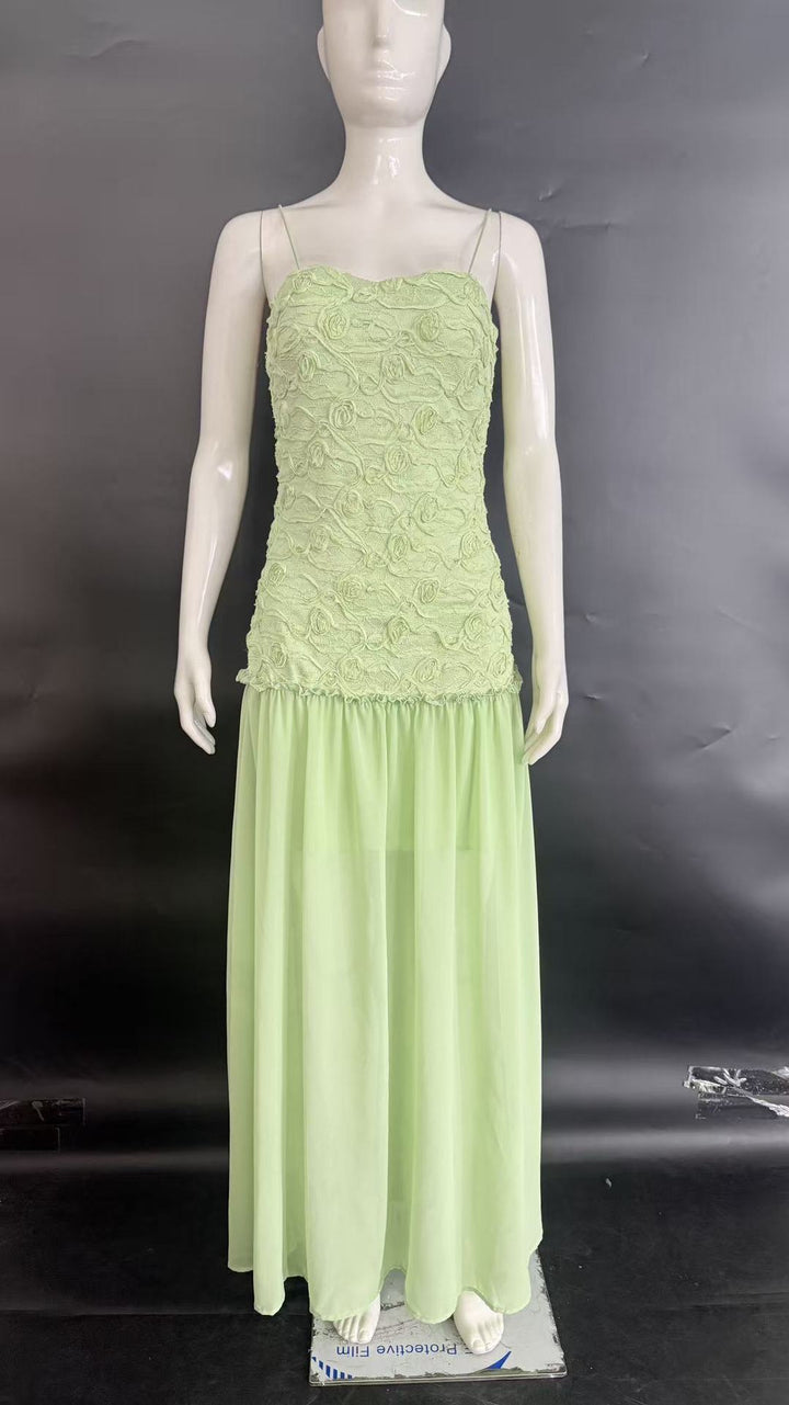 3D Floral Chiffon Strappy Maxi Dress
