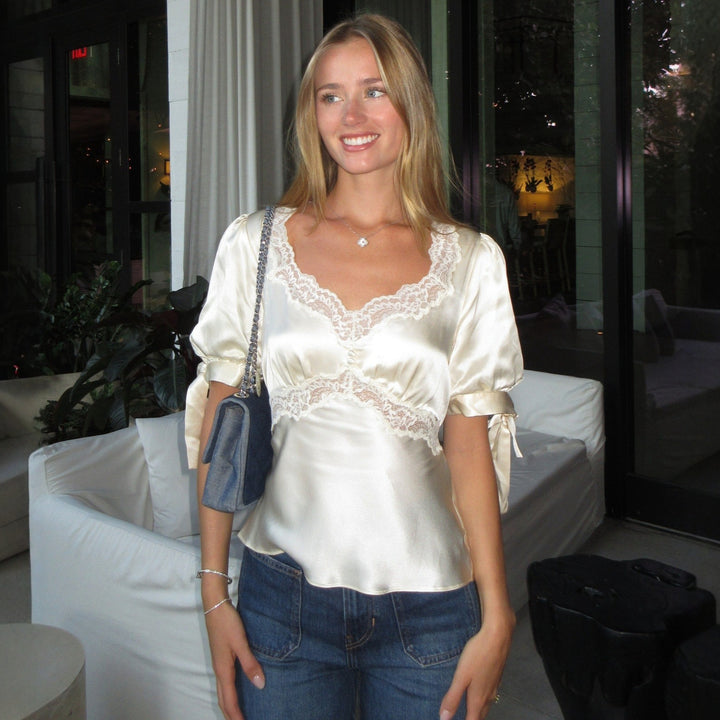 V-Neck Lace Satin Slim Short-Sleeve Top