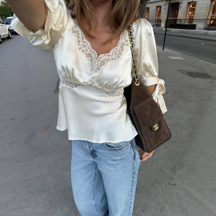 V-Neck Lace Satin Slim Short-Sleeve Top