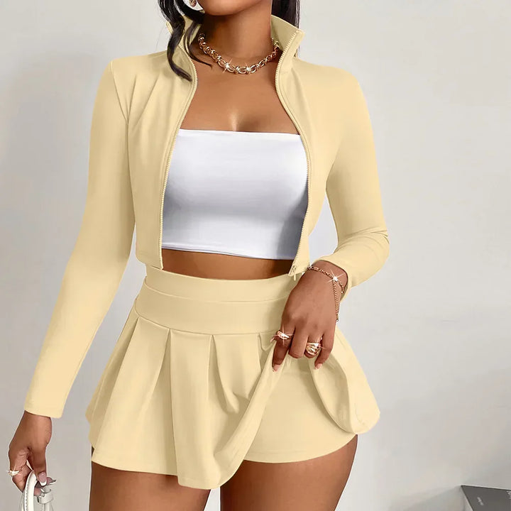 Women's Zip-Up Jacket & Pleated Skirt Set – Gym to Weekend
