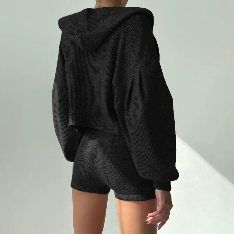 Women's Ribbed Knit Lounge Set – Ridge 3-Piece Hoodie & Shorts