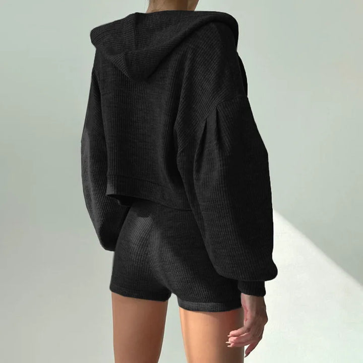 Women's Ribbed Knit Lounge Set – Ridge 3-Piece Hoodie & Shorts