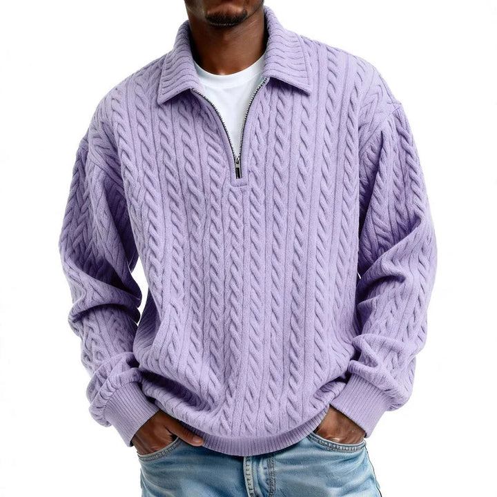 Men's Cable-Knit Quarter-Zip Jumper – Spread Collar Knitwear – Lavender