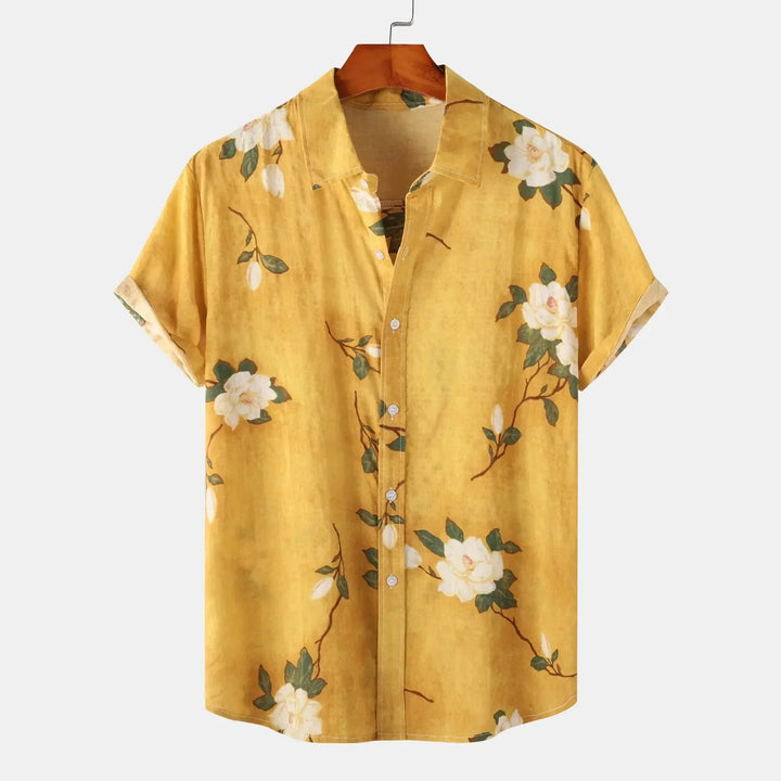Men's Floral Print Shirt – Relaxed Fit Summer Holiday Shirt – Yellow