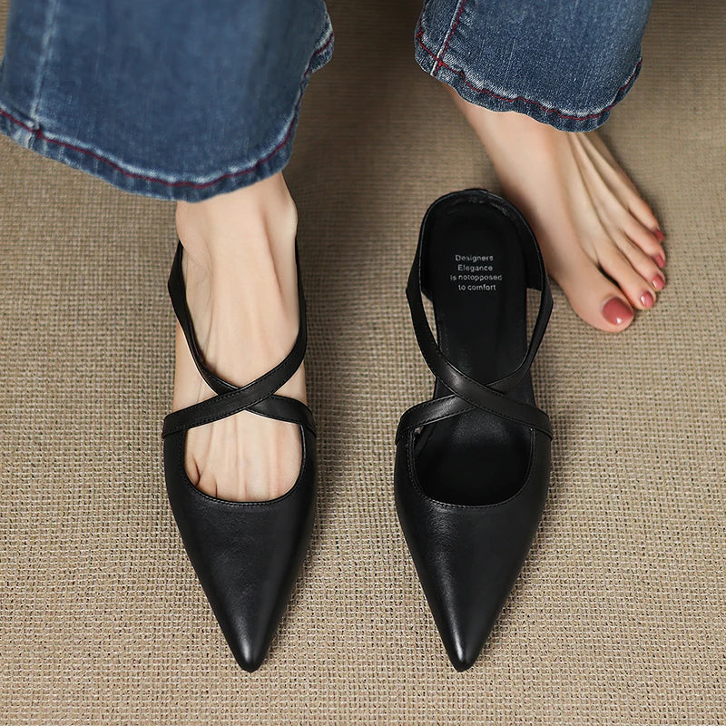 Women's Leather Cross-Strap Mules – Pointed Toe Low Heel
