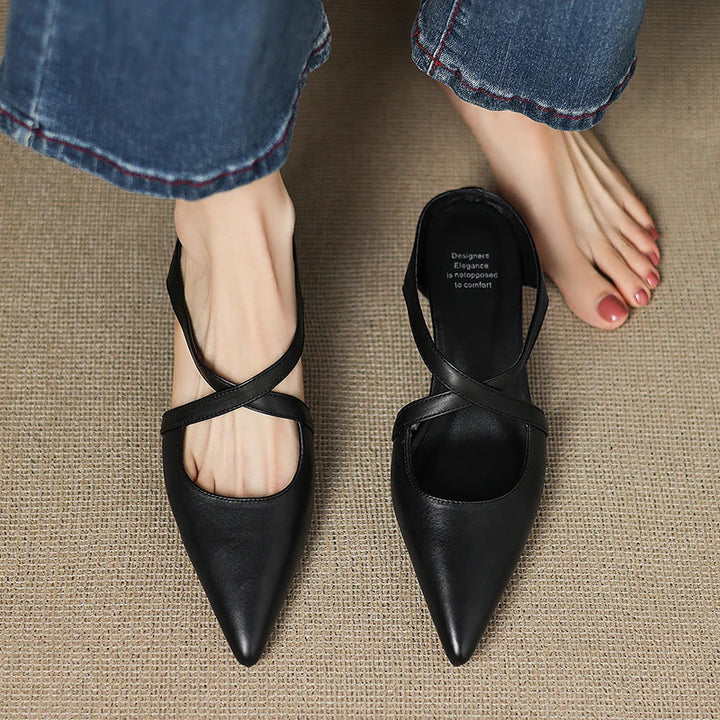 Women's Leather Cross-Strap Mules – Pointed Toe Low Heel