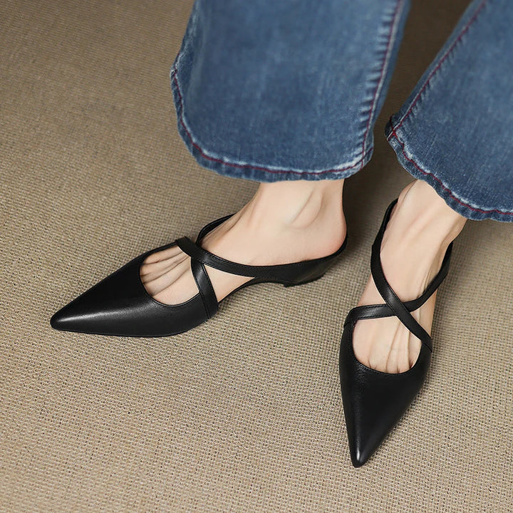 Women's Leather Cross-Strap Mules – Pointed Toe Low Heel