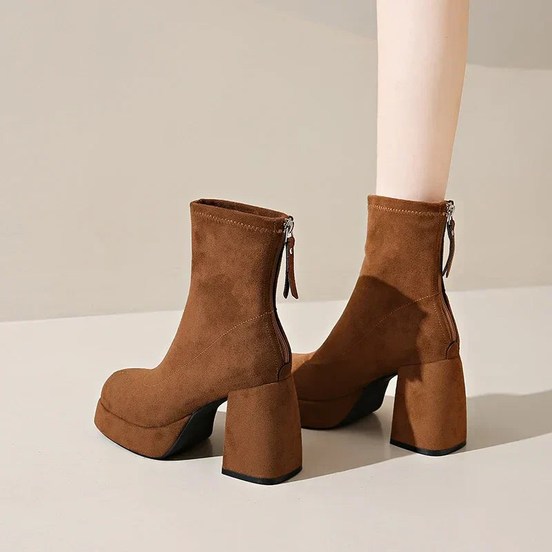 Women's Suede Heeled Ankle Booties – Block Heel, Back Zip
