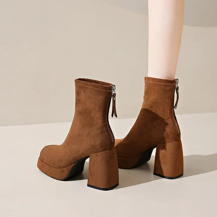 Women's Suede Heeled Ankle Booties – Block Heel, Back Zip